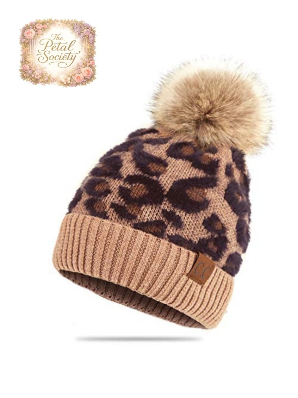 Soft Knit Beanie with Leopard Pattern and Fur Pom One Size Winter Hat